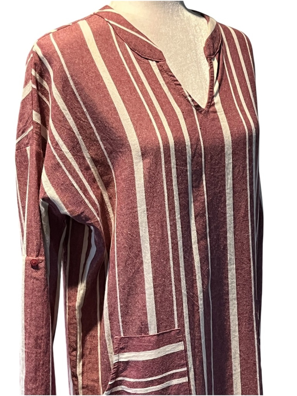 NWT entro Burgundy and Cream Stripe Maxi Capri Dress Roll Sleeves 100% Cotton S - Picture 6 of 15